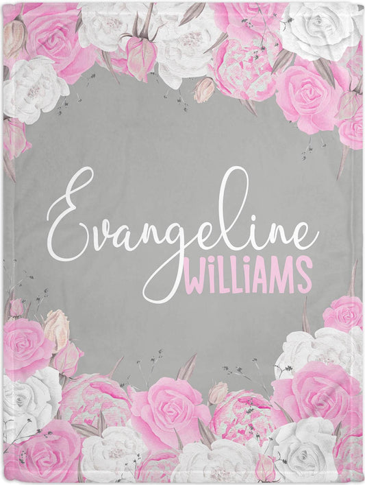 Floral Baby Blankets with Name, Pink and Gray