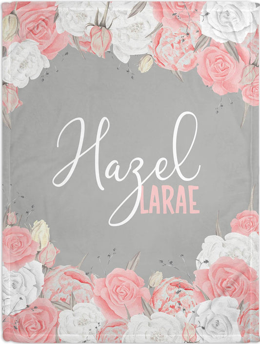 Floral Baby Blankets with Name, Blush and Gray