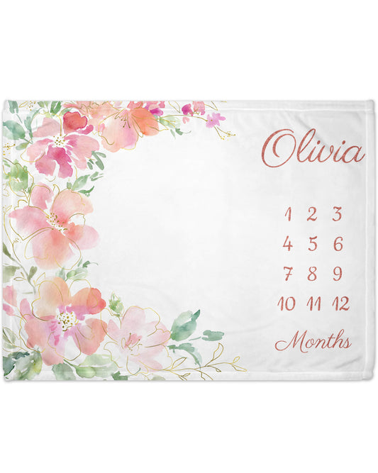 Custom Rose Gold Floral Milestone Blanket for Babies