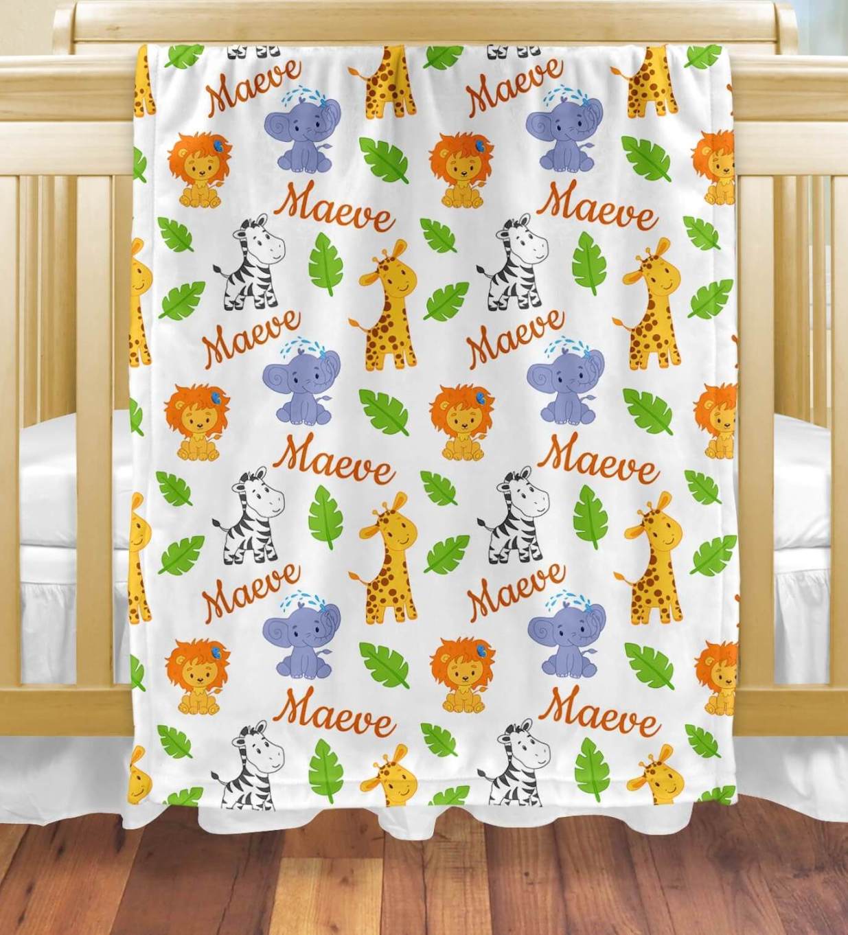 Baby Blankets with Name and Safari Animals: Lion, Elephant Zebra, Giraffe
