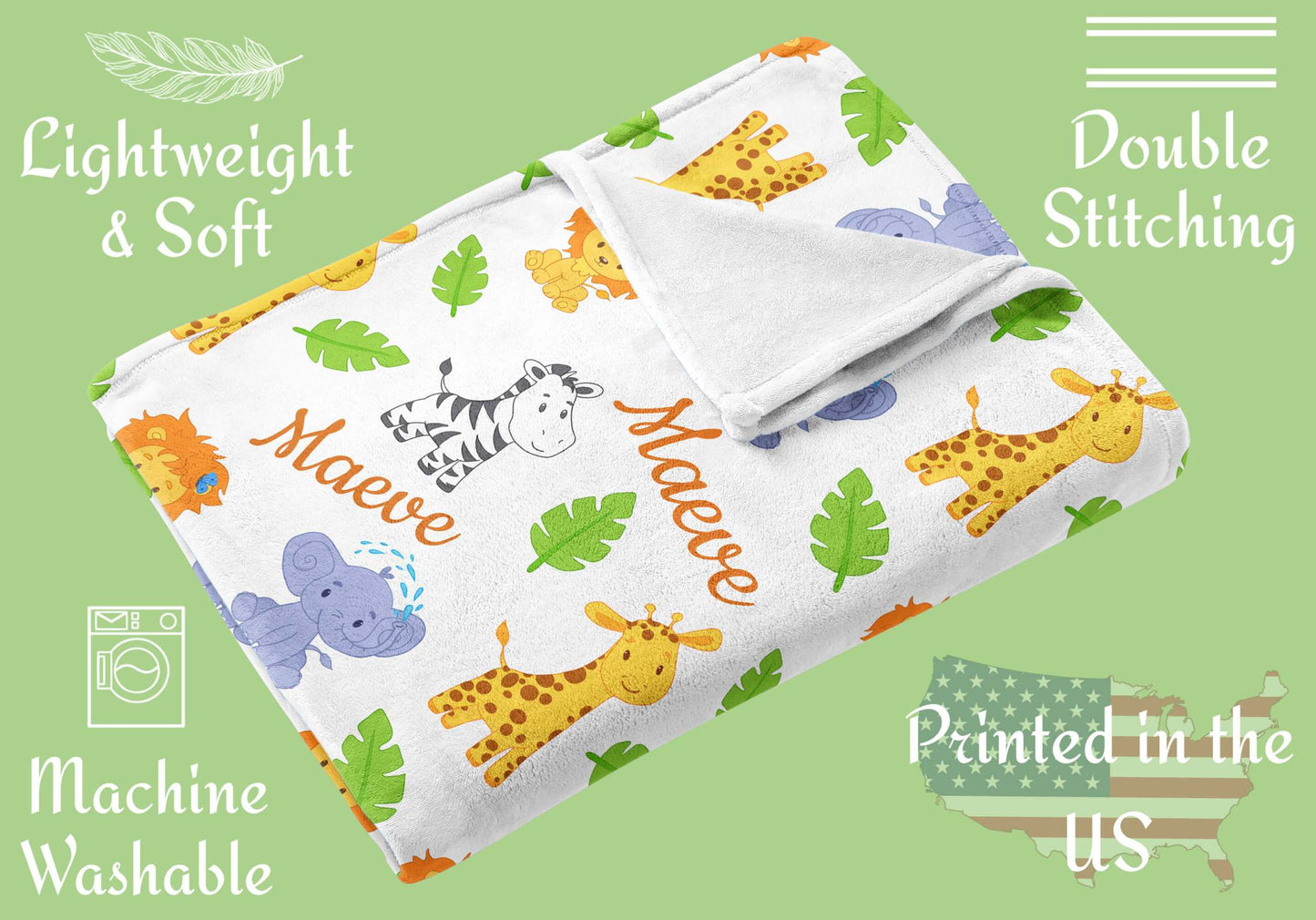 Baby Blankets with Name and Safari Animals: Lion, Elephant Zebra, Giraffe