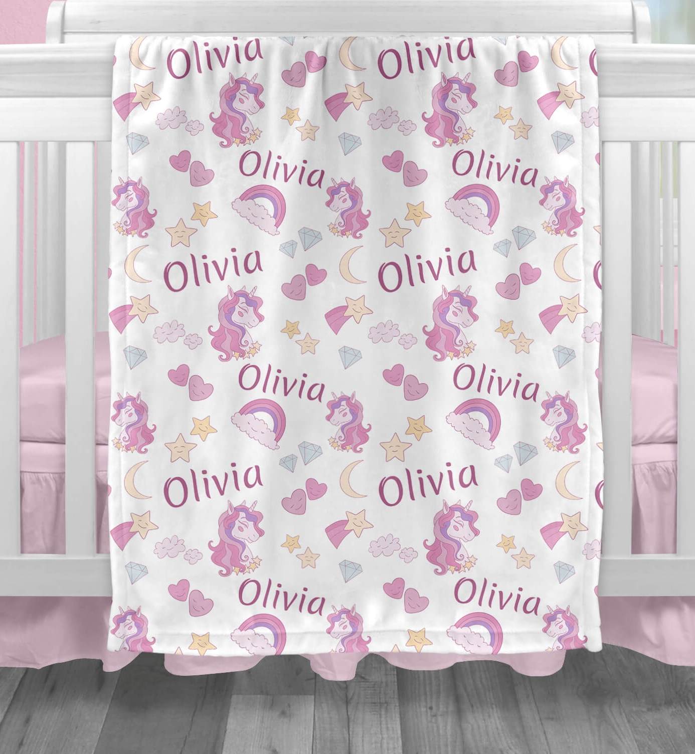 Personalized Baby Blankets for Girls with Name, Unicorns and Rainbows