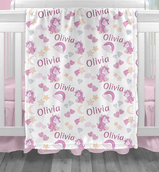 Personalized Baby Blankets for Girls with Name, Unicorns and Rainbows