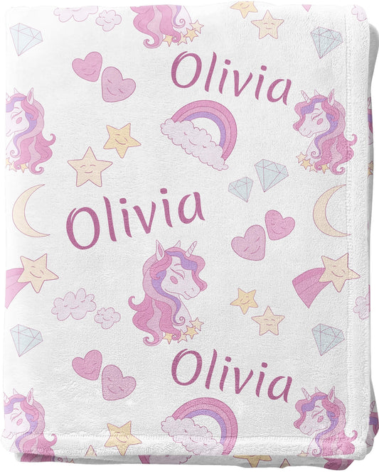 Personalized Baby Blankets for Girls with Name, Unicorns and Rainbows