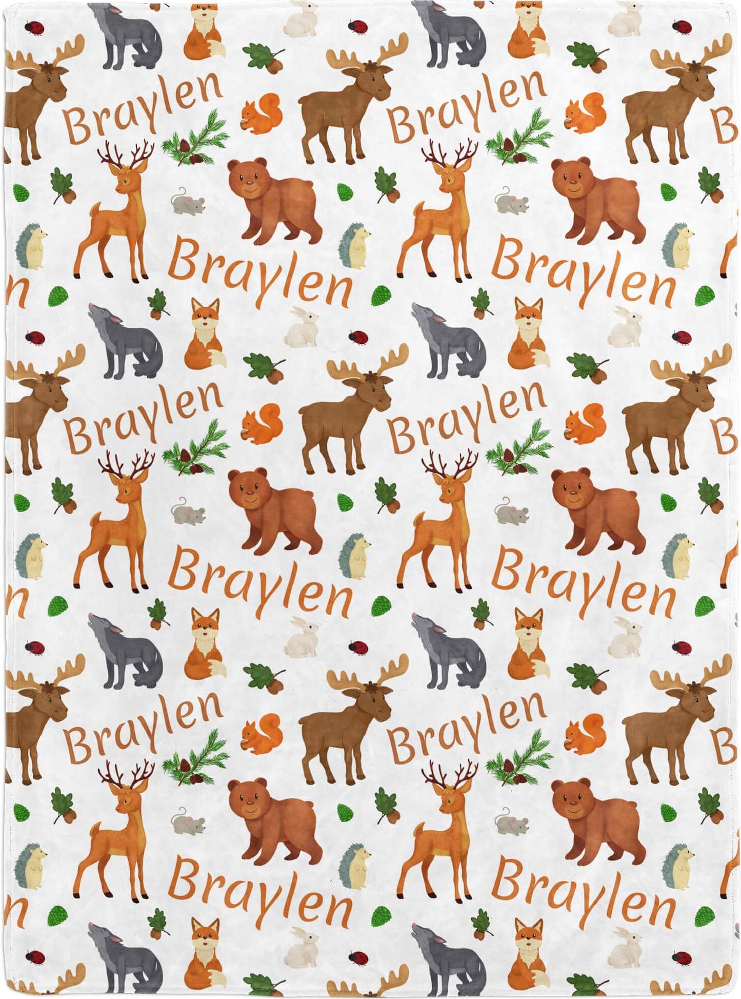Personalized Baby Woodland Blanket with Name and Animals: Fox, Deer, Moose, Bear
