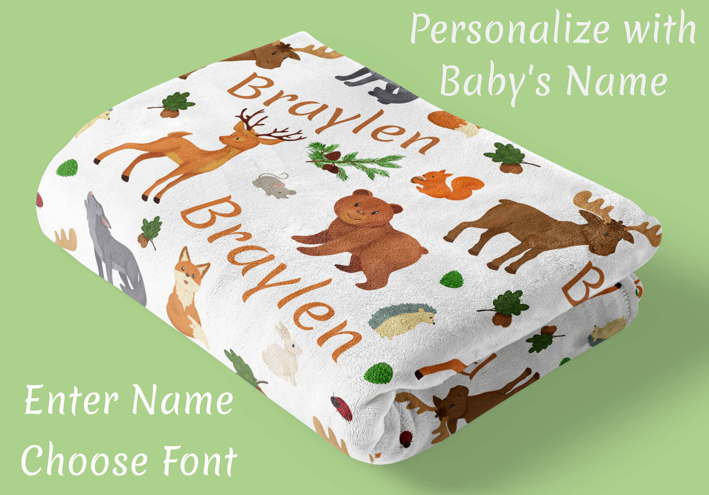 Personalized Baby Woodland Blanket with Name and Animals: Fox, Deer, Moose, Bear