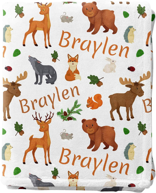 Personalized Baby Woodland Blanket with Name and Animals: Fox, Deer, Moose, Bear