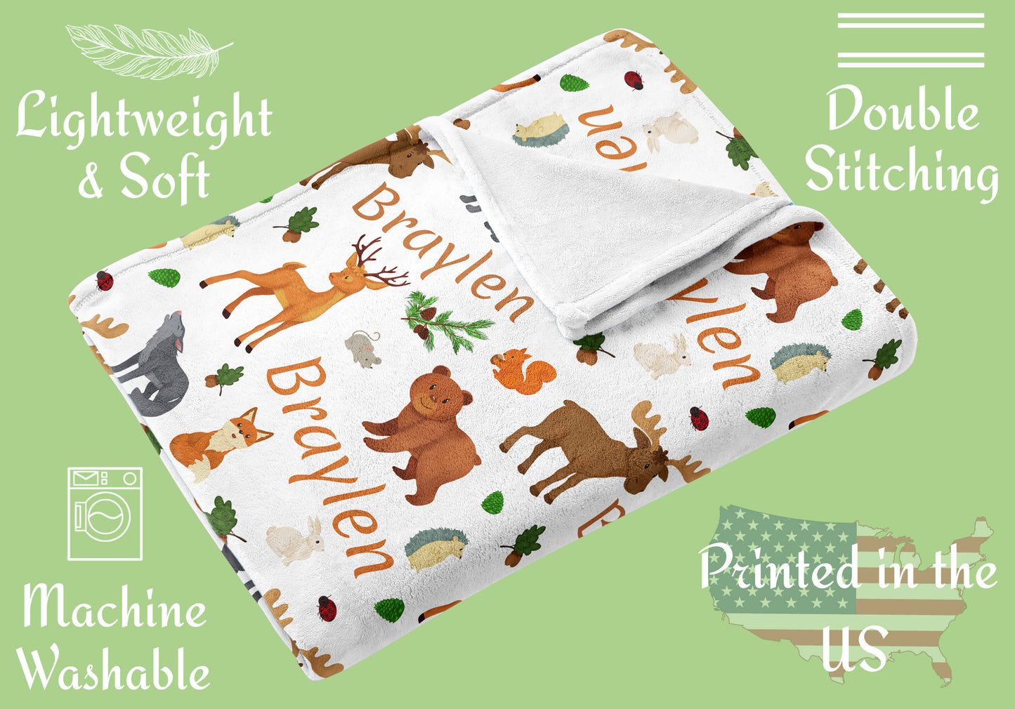 Personalized Baby Woodland Blanket with Name and Animals: Fox, Deer, Moose, Bear